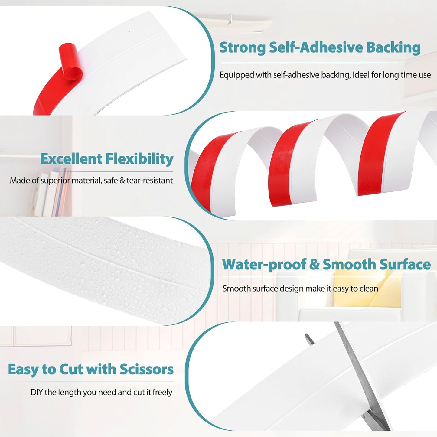 Weather Stripping Door Draft Stopper Flexible Self Adhesive Silicone Door Seal Strip for Glass Doors Windows and Shower Glass Gaps, 2 Inch Wide X 40 Feet Long, White