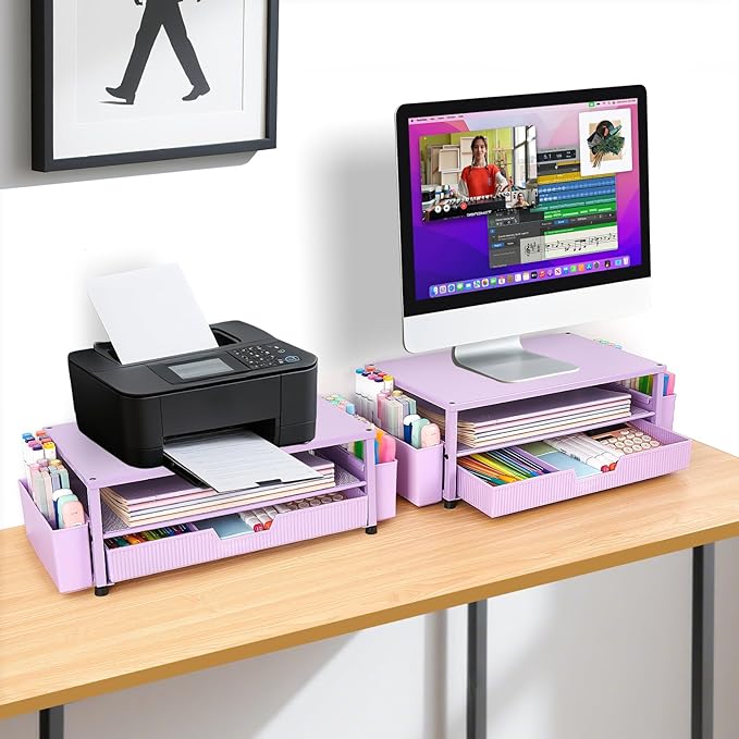 Desk Organizer and Accessories, 2-Tier Computer Monitor Stand Rise with Storage Drawer & 2 Pen Holders, Laptop & Printer Stand for Desktop, Workspace Organizers for Office Supplies (Purple)