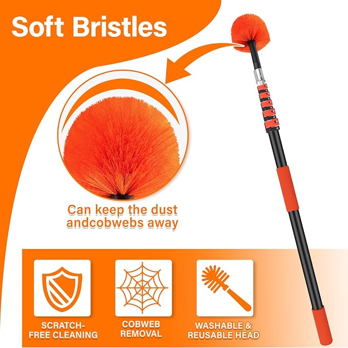 30FT Cobweb Duster with Extension Pole - High Reach Duster for High Ceilings & Outdoor Use - Telescoping Pole 5-24 Ft, Soft Bristles Cobweb Cleaner - 3/4" Acme Universal Thread