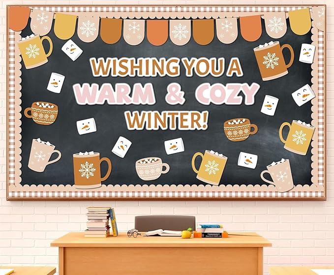 Winter Bulletin Board Christmas Hot Cocoa Bulletin Board Set Classroom Decoration Wish You A Warm Cozy Christmas Cutouts for Winter Xmas Holiday School Office Home Chalkboard Wall Door Decor