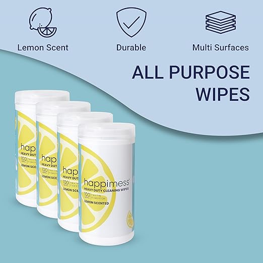 happimess WPE1002A-4SET All-Purpose Cleaning Wipes, Heavy Duty Multi-Surface Household Wipes for Kitchen and Bathroom, Fresh Lemon Scent, 100 Count, Pack of 4 (400 Total Wipes)