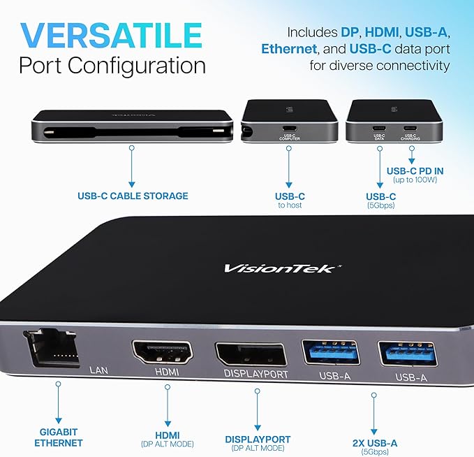 VisionTek VT400 Portable USB-C Dual Monitor Hub - 1x DP, 1x HDMI, 2X USB-A, 1x Ethernet, 1x USB-C for Windows/MacOS/ChromeOS/iOS