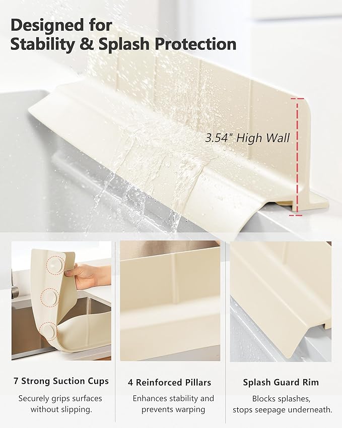 Kitchen Sink Splash Guard 23" Self-Draining Silicone Water Guard with High Splash Wall & Strong Suction Cups for Faucet, Countertop & Sink Edge, Keeps Sinks Dry, Dishwasher Safe,Cream