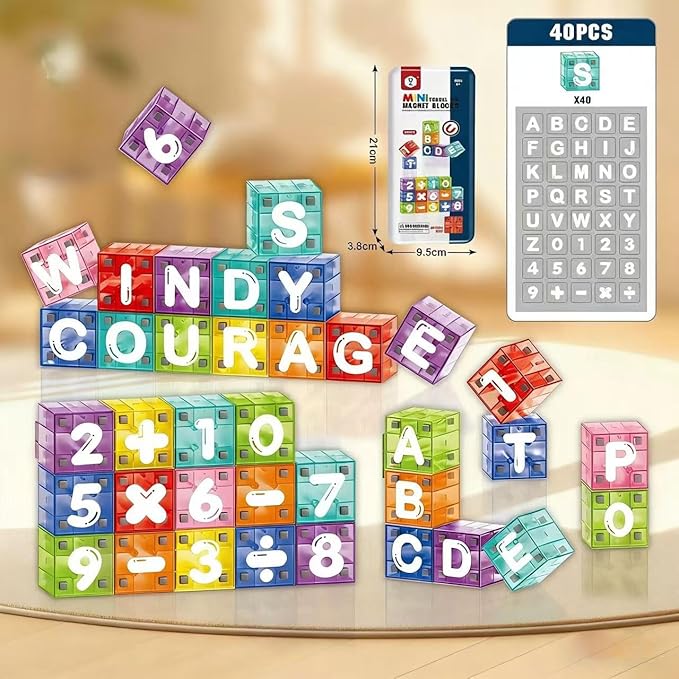 40PCS Magnetic Blocks Letter & Number Kit-STEM Educational Montessori Toys for Spelling, Counting & Math-Travel Toys for Kids Ages 3-8, Preschool Learning Activities & Fine Motor Skills Development