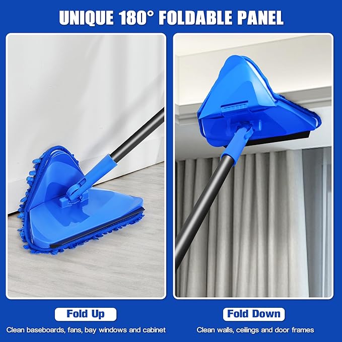 Wall Mop Cleaner Long Handle 80 inches, 180° Folding Ceiling Washer Scrubber and Squeegee, Triangle Baseboard Cleaning Tool Duster with 6 Microfiber Chenille Pads for Painted Walls Window Floor