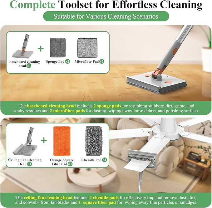Ceiling Fan Cleaner Duster - 79" Extension Pole & Dual Brush Heads Baseboard Cleaner Tool with Handle, 4-in-1 Reusable Fan Blade Cleaner Ceiling Fan Duster for Fan Blades Baseboards Corners