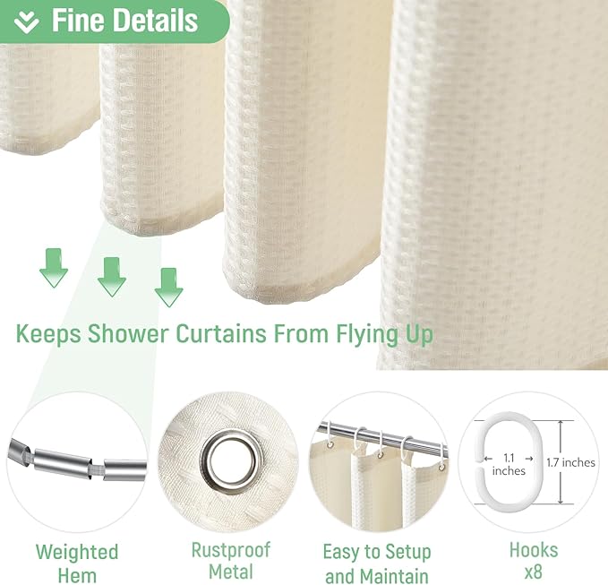 Dynamene Stall Fabric Shower Curtain - 48 inch Wide Waffle Weave Weighted Thick Cloth Shower Curtain for Bathroom, Neutral Heavy Duty Hotel Spa Luxury Bath Curtain Set with 8 Hook, 48x72, Cream/Ivory