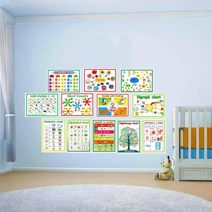 12 English Phonics Language Arts Skills Charts for Toddlers| Learning Vowels Anchor Posters, Sight Words Poster Alphabet Bulletin Board for Home,Kindergarten,Primary School,Classroom Decor(8.2x 12'')