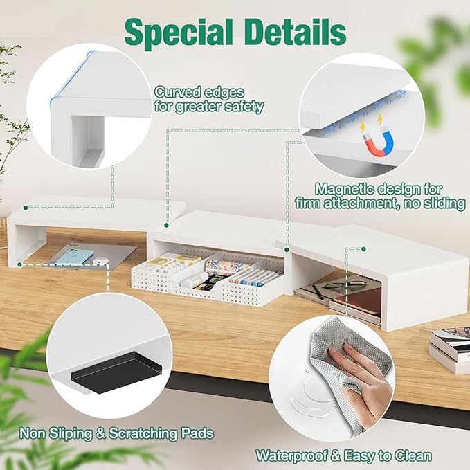 OPNICE Desk Organizer, Dual Computer Monitor Stand Riser with Drawer, Office Desk Accessories & Workspace Organizers, White