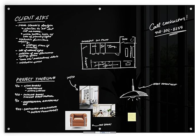 U Brands Glass Non-Magnetic Dry-Erase Board, 72" X 48" Inches, Black Surface, Frameless