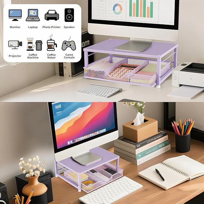 Small Laptop Stand for Desk, Monitor Stand, Office Desk Accessories, Computer Desktop Stand with Drawer for Home, Office, School (Purple)