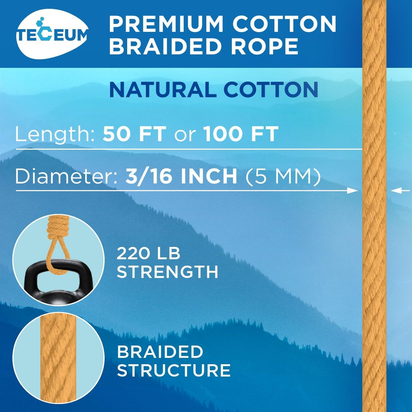 TECEUM Cotton Rope 3/16” (5 mm) – 50 FT – Strong All-Purpose Braided Rope – Natural Cotton – for Crafting, Сamping, Clothes Line, DIY, Indoor & Outdoor Use – Honey