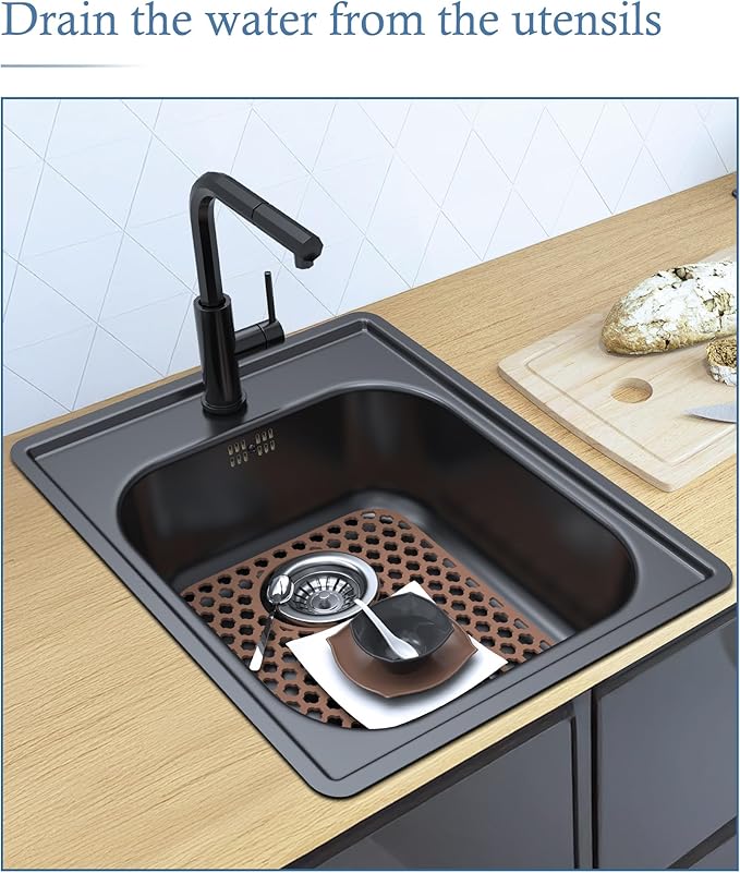 2 Pack Silicone Sink Protector for Kitchen Sink Bathroom, 13.58" x 11.6" Heat-resistant Sink Mat Non-Slip and Durable Silicone Protectors, Rear Drain, Coffee