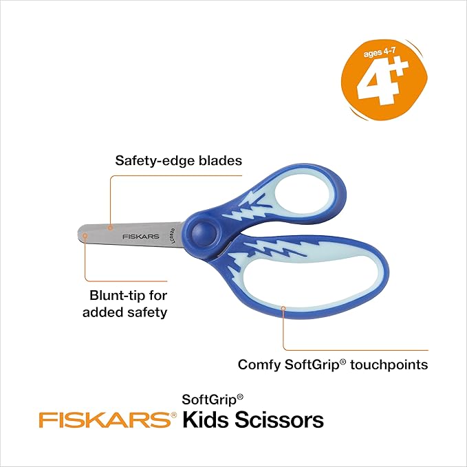 Fiskars 5" SoftGrip Blunt-Tip Scissors for Kids Ages 4-7, Scissors for School or Crafting, Back to School Supplies, Blue Lightning