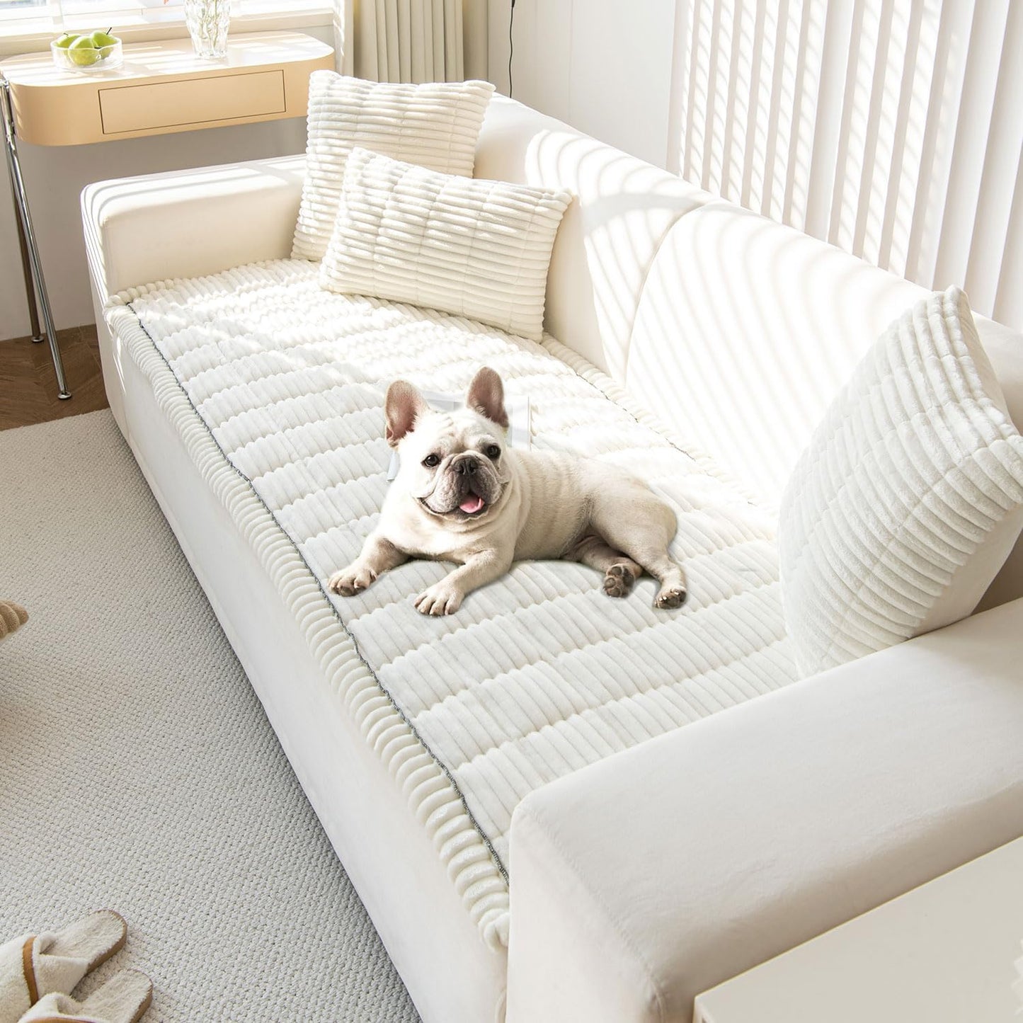 OTOB Sofa Covers for 3 Cushion Couch Washable, Fuzzy Non Slip Pet Friendly Couch Cover Protector Love Seat, All Seasons Soft Plush Furniture Bed Mats Sofa Slipcovers (Cream, 31.5" x 70.9'')