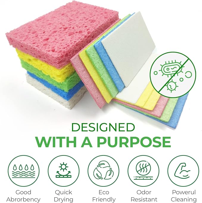 Biodegradable Compressed Cellulose Sponges - Pack of 32 Pop Up Natural Dish Sponges - Multicolor Non Scratch, Heavy Duty, Multipurpose, Compostable and Eco Friendly