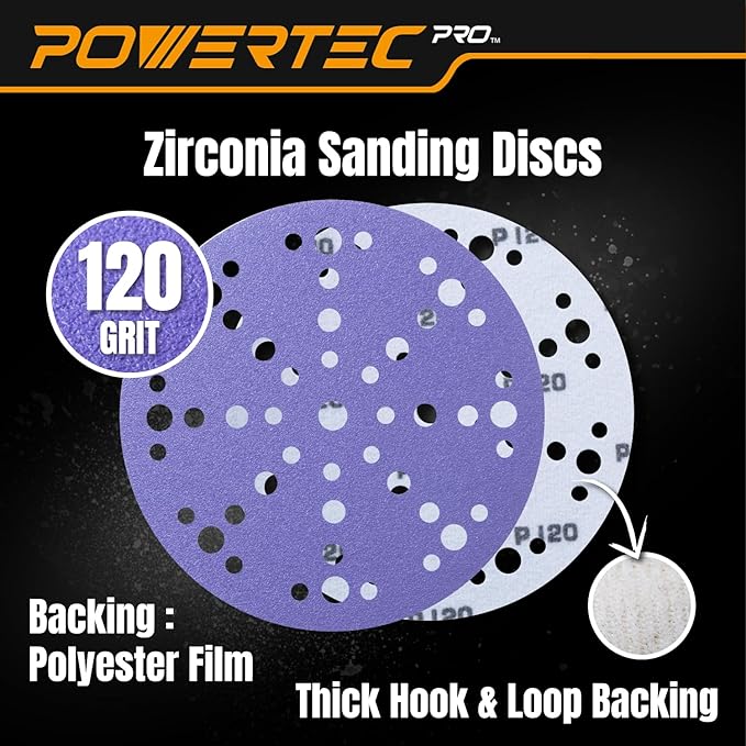 POWERTEC PRO 50PK, 6 Inch 49 Holes Sanding Disc, 120 Grit, Zirconia Hook and Loop Film Backing Sandpaper for Festool Random Orbital Sanders - Automotive, Paint, Metal, Woodworking (46112Z-50)