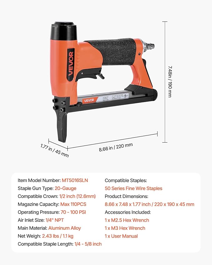 VEVOR Pneumatic Staple Gun, 20 Gauge Long-Nose Upholstery Stapler for 50 Series Fine Wire Staples 1/2-inch Crown 1/4"-5/8" Length, Max 110PCS Loading Air Staple Gun for Upholstering, Woodworking, DIY
