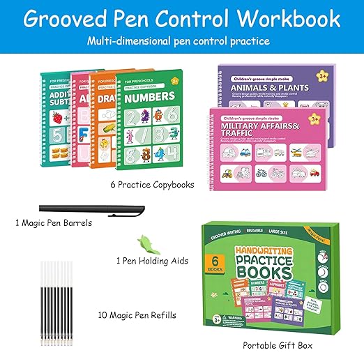 Magic Grooved Writing Practice Books,Grooved Handwriting Practice for Kids 3-5,Reusable Groove Workbooks,Preschool Learning Activities with Auto-Disappearing Pen,Birthday Gifts for Kids 3+(6-Book)