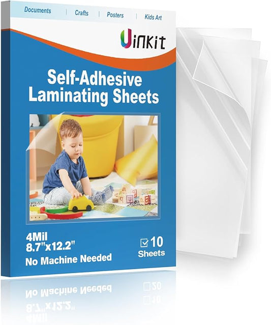 Uinkit 4mil Thicker Self-Adhesive Laminating Sheets, 10Pack Letter Size 8.5x11" - Peel & Stick, No Heat Needed - Dry-Erase Friendly Surface for Reusable Documents, Kids Art, Posters & Crafts
