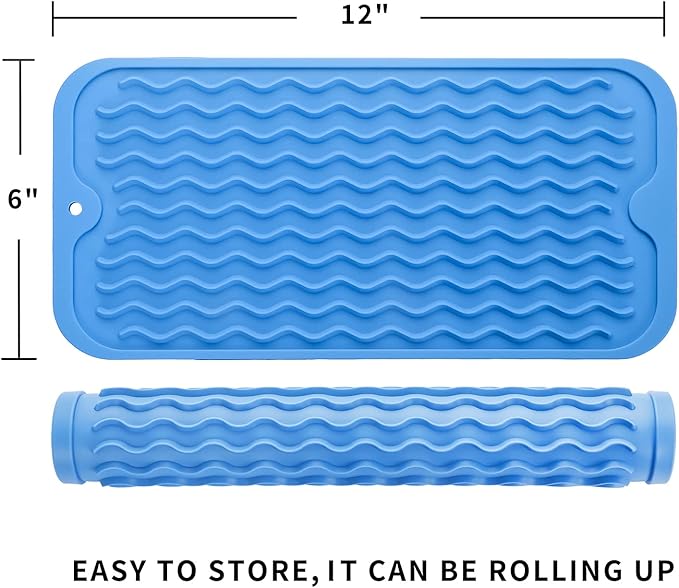 Silicone Dish Drying Mat for Multiple Usage,Easy clean,Eco-friendly,Heat-resistant Silicone Mat for Kitchen Counter or Sink,Refrigerator or Drawer Liner Lichen BlueL S 12 inches x 6 inches