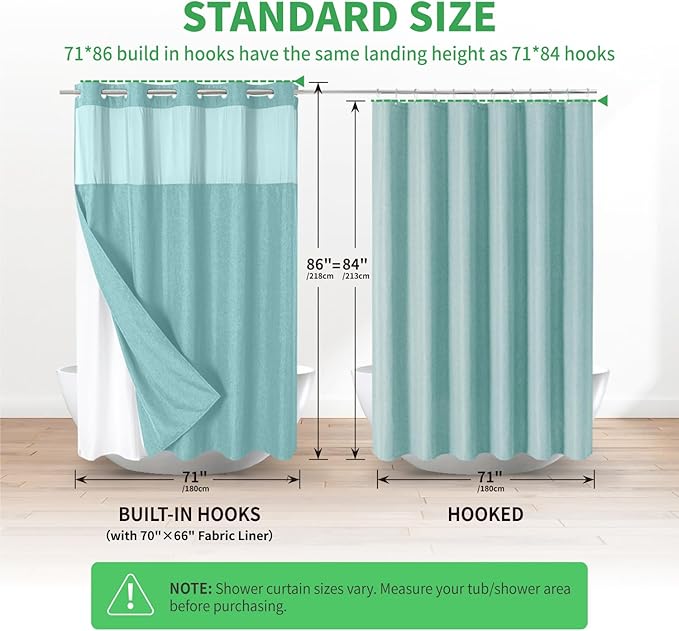 Extra Long No Hooks Needed Linen Textured Shower Curtain with Snap-in Fabric Liner Set,White Hotel Luxury Decor Shower Curtains for Bathroom,Waterproof & Washable,71Wx86H,Teal