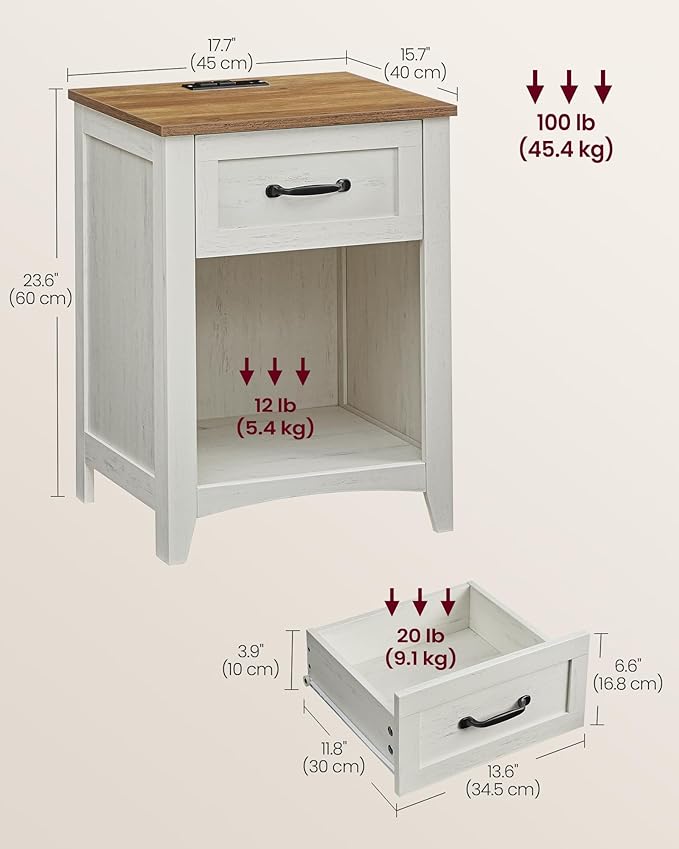 VASAGLE LIRY Collection - Farmhouse Nightstand with Charging Station, Bedside Table, Side Table with Drawer, Open Compartment, for Bedroom, Rustic White and Honey Brown ULET659K41