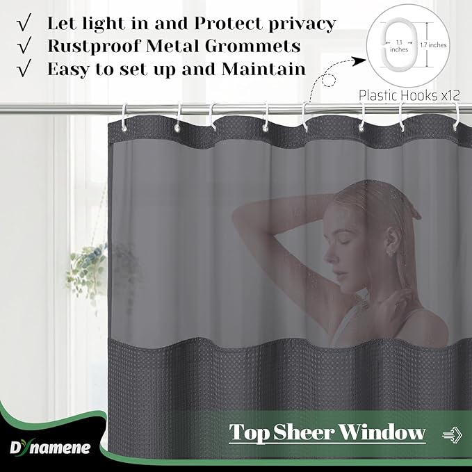 Dynamene 78 Inch Long Shower Curtain, Tall Waffle Fabric Shower Curtains for Bathroom, Hotel Waterproof Cloth Shower Curtain Liner Set with Hooks, Snap in Liner, Mesh Top Window, Charcoal Grey, 72x78