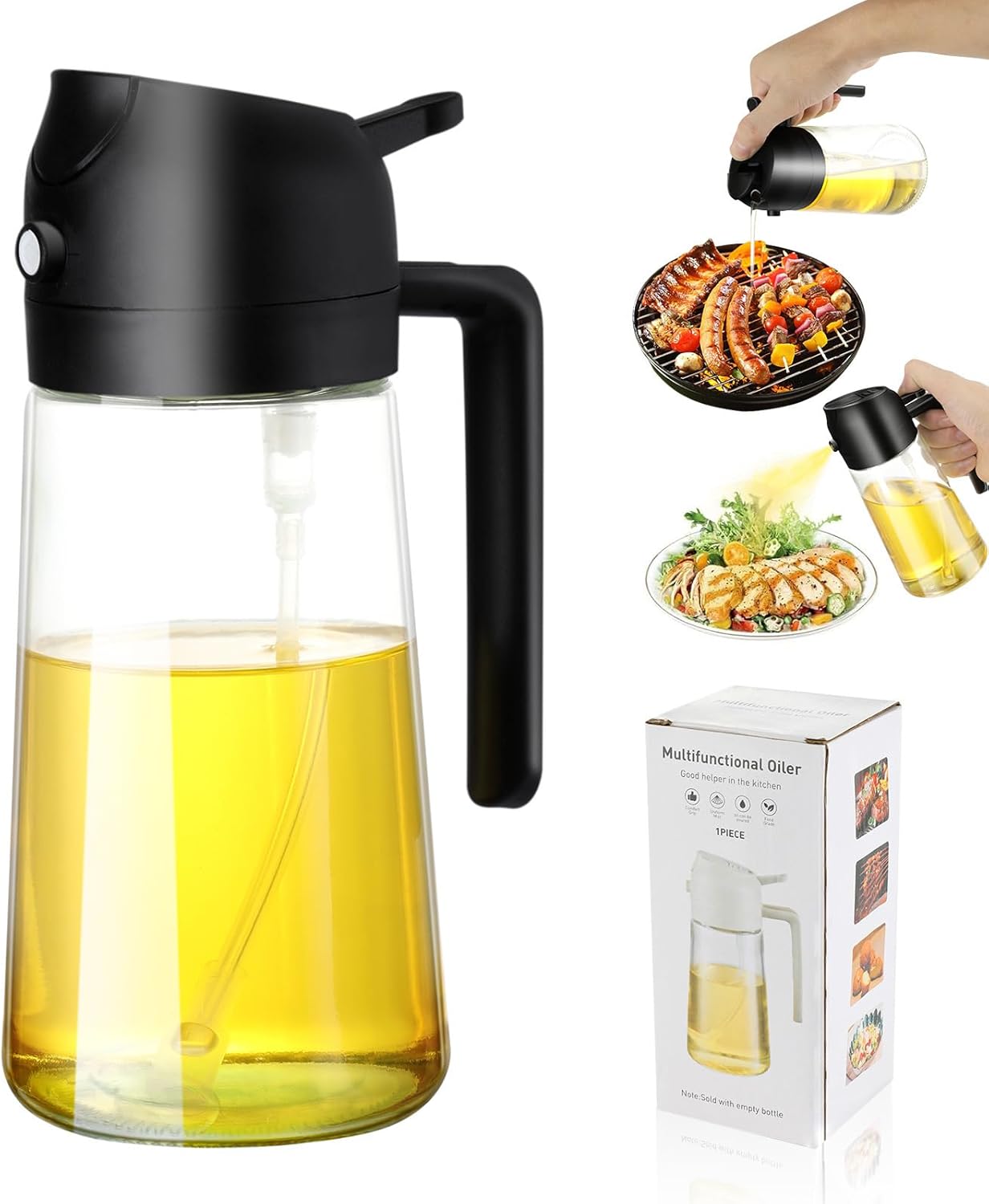 2-in-1 Glass Oil Dispenser & Sprayer - 16oz/470ml Leakproof Bottle for Cooking, Air Fryer, BBQ, Baking, Salad (Transparent Black 1PC)