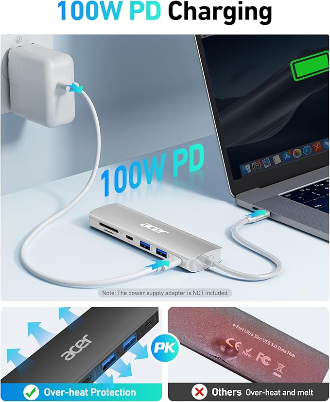 Acer USB C Dock, 7 in 1 USB-C to HDMI Hub, 2 USBA 3.1 GEN1 and 5Gbps Type-C Data Port, 4K HDMI Port, PD 100W Charging, SD Card Reader, for iPad Pro MacBook Pro Laptops and More (Silver)