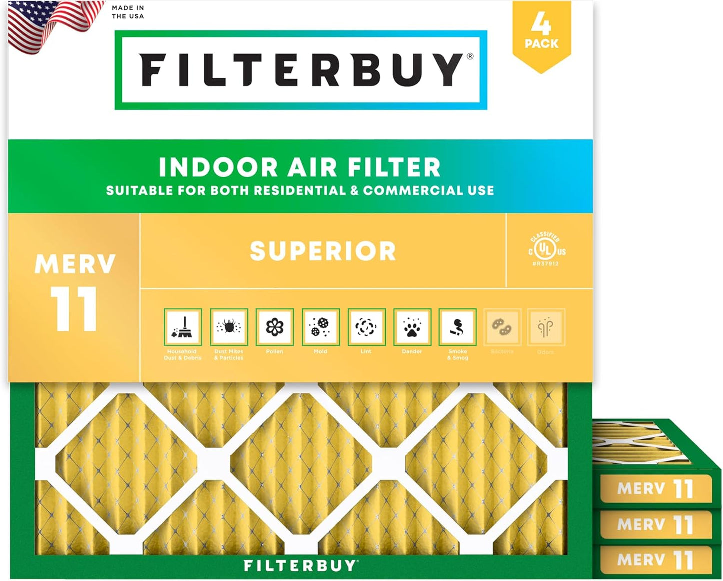 Filterbuy 30x30x1 Air Filter MERV 11 (MPR 1200) Allergen Defense Replacement (4-Pack), Electrostatic Pleated HVAC AC Furnace Filters, Made in USA (Actual Size: 29.50 x 29.50 x 0.75)