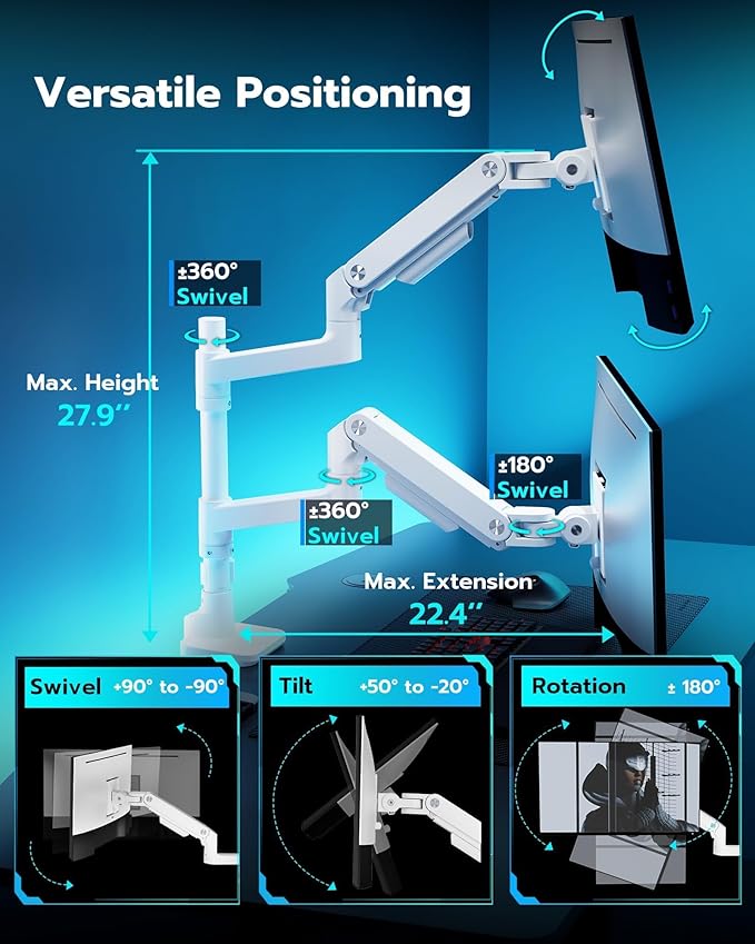 ARES WING Dual Monitor Arm for Ultrawide Heavy Duty Curved Monitor Stacking, Fits 17-49 Inch, Vertical Gas Spring Double Monitor Stand with USB, Adjustable Dual Monitor Mount for Desk, White