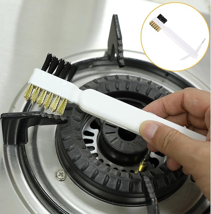 2pcs Kitchen Cleaning Scrub Brush Deep Gas Stove Brass Wire Brushes with Stiff Bristles & Cooktop Scraper Scrubber for Range Hood Grease Grime Rust Cleaner Small Brass Brushes for Pot Pan Household