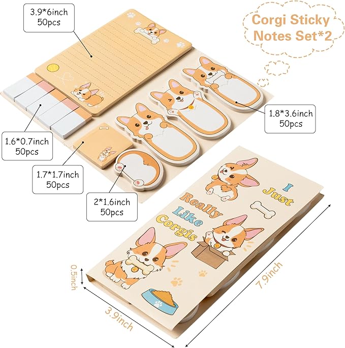 Xqumoi 2 Pack I Just Really Like Corgis Sticky Notes Set - Cute Cartoon Corgis Self-Stick Notes Pads Animal Divider Tabs Bundle Writing Memo Pads Page Marker Back to School Office Supplies Small Gift