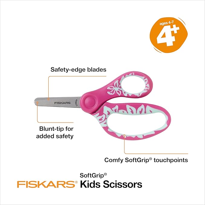Fiskars 5" SoftGrip Blunt-Tip Scissors for Kids Ages 4-7, Scissors for School or Crafting, Back to School Supplies, Pink/Turquoise Floral