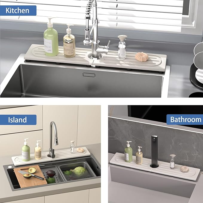Faucet Mat for Kitchen Sink, Water Absorbent Kitchen Faucet Mat, Durable Sink Splash Guard with Raised Feet, Diatomite Fast Drying Kitchen Sink Faucet Mat, Bathroom Stone Drying Tray for Counter