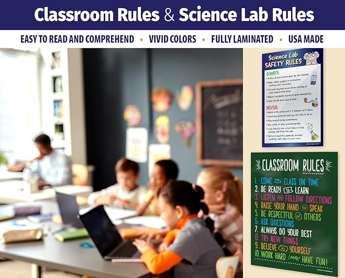 ZOCO – Science Lab Safety Rules (12x18) & Classroom Rules (17x22) – Laminated Poster Set – 2-Pack for Middle & High School Classrooms, Teacher Supplies
