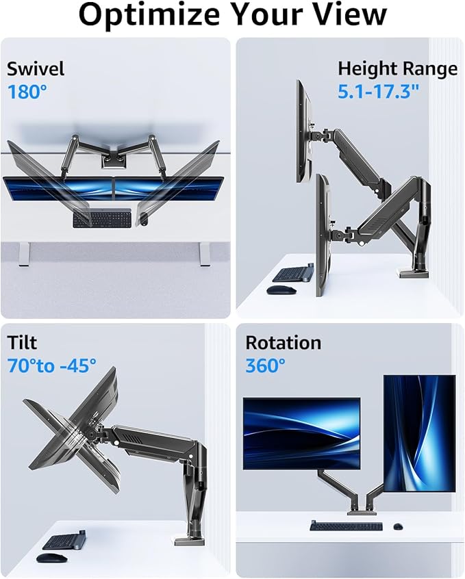 Dual Monitor Stand fits up to 32 inch, 4.4-22 lbs Computer Screens, Dual Monitor Desk Mount Height Adjustable, Monitor Arms for 2 Monitors, Home Office VESA Mounts, Freelift Black