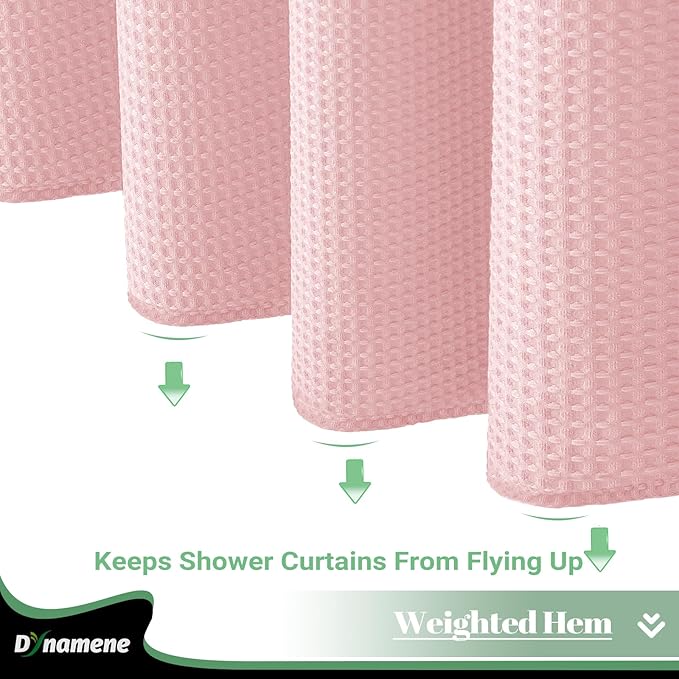 Dynamene Fabric Shower Curtain with Snap in Liner, Pink Waffle Hotel Shower Curtains for Bathroom, Washable Waterproof Cloth Shower Curtain Liner Set with Plastic Hook, Mesh Top Window, 72x72, Pink