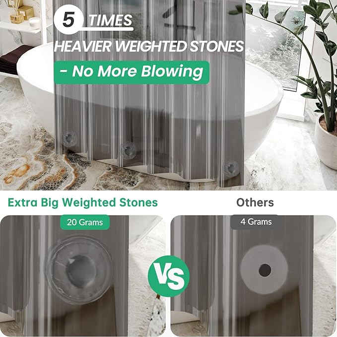 AmazerBath Premium EVA Shower Curtain Clear Grey, Luxury Shower Curtain Grey Jelly-Like Soft, Waterproof Bathroom Curtain with 3 Weighted Stones and 12 Grommets, Recyclable Packaging