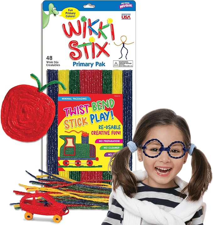 Arts & Crafts for Kids with Wikki Stix Primary Park of 48 Reusable Waxed Yarn Strands; Perfect Teaching Tool and Fidget Toy; Made in USA.