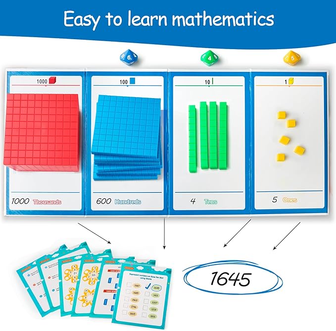 Base Ten Blocks Plastic 147 pcs Math Manipulatives Kindergarten Counting Blocks for Math with 3 dice,Place ValueBlocks for Early Counting MathToy for 1st Grade Homeschool