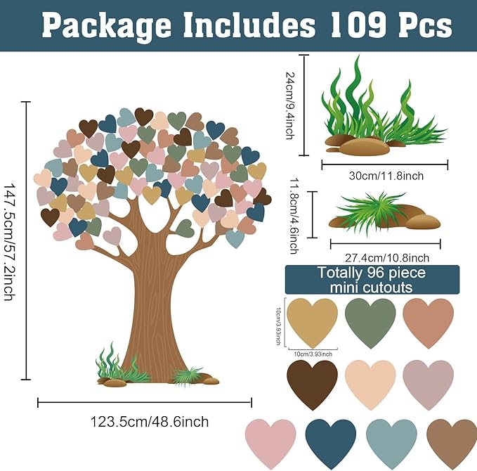102 Pcs Boho Classroom Tree Bulletin Board Set with Heart Shape Cutouts, Welcome Classroom Bulletin Tree Wall Decors Supplies for School Elementary Teacher Chalkboard