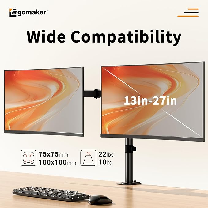 ERGOMAKER Dual Monitor Mount for Desk, Monitor Stand Holds 2 Computer Screens Fits 13" to 27", Heavy Duty Fully Adjustable Monitor Arm with C-Clamp and Grommet Base, VESA 75x75 100x100mm, Black