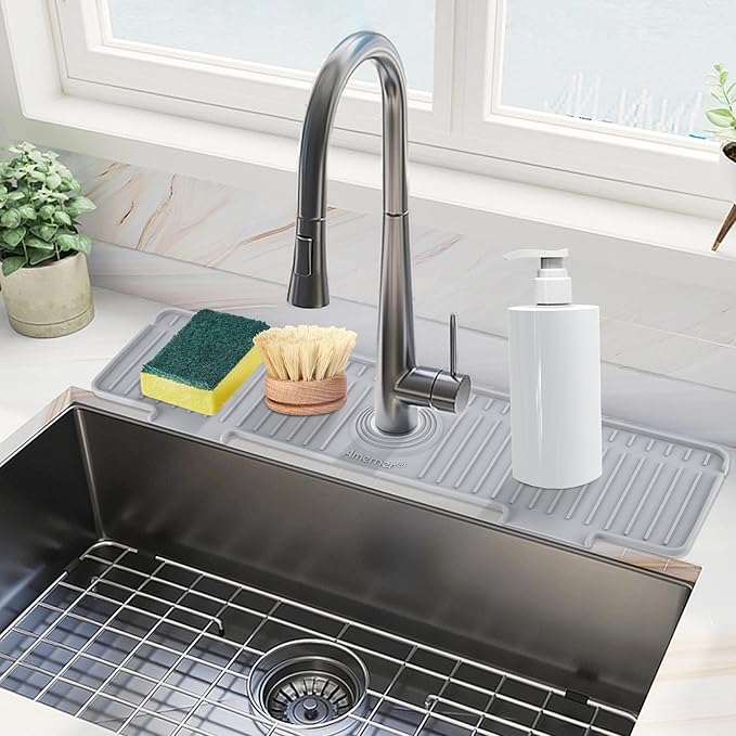 20 inch Kitchen Sink Splash Guard, 10° Large Slope & Adaptable Hole Faucet Mat for Kitchen Sink, Silicone Sink Organizer Sponge Holder for Kitchen, Bathroom, RV, Bar, 20” x 5.5”, Gray