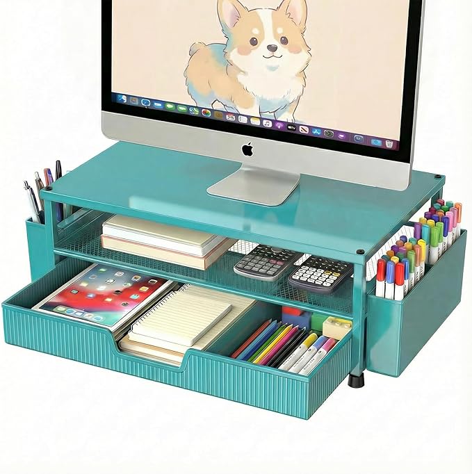 Desk Organizer and Accessories, 2-Tier Computer Monitor Stand Rise with Storage Drawer & 2 Pen Holders, Laptop & Printer Stand for Desktop, Workspace Organizers for Office Supplies (Blue)
