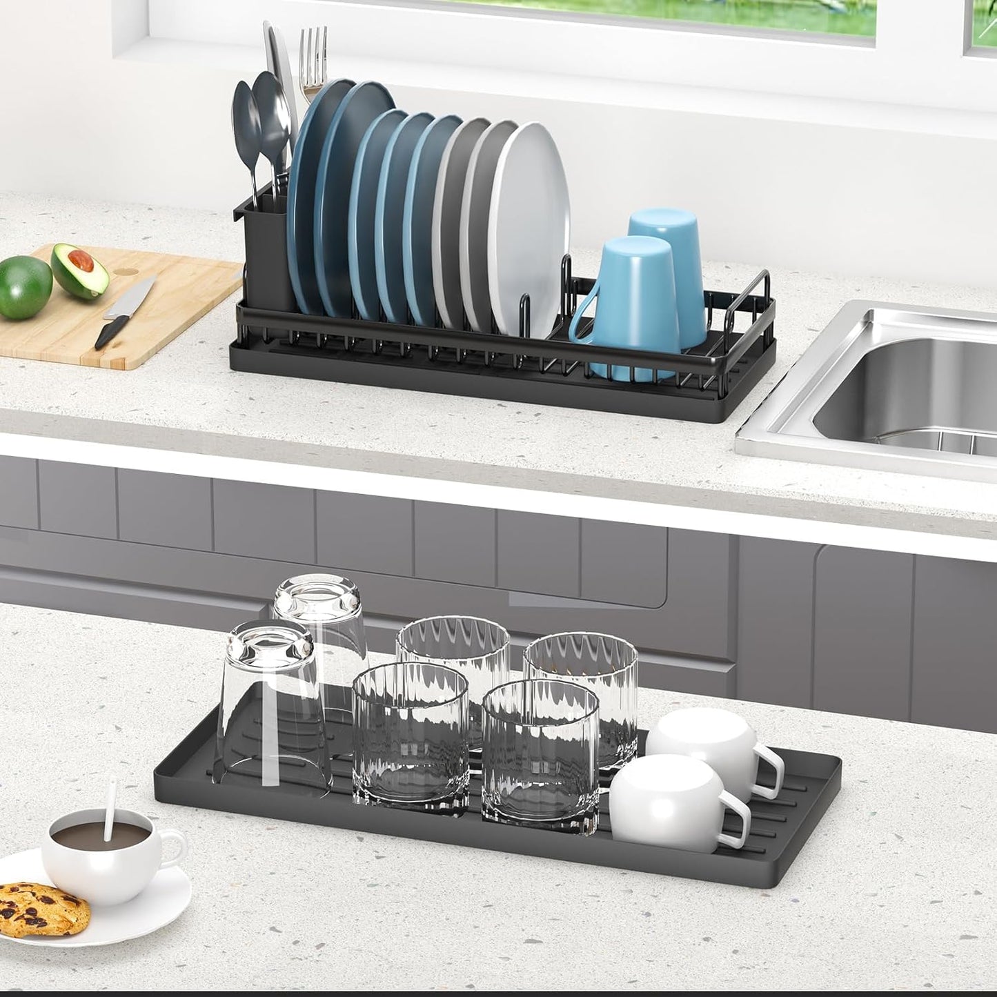 Small Dish Drying Rack, Compact Sink Dish Drainer Plate Organizer with Utensil Holder and 2pcs Silicone Drying Mats for Kitchen Counter, RVs, Apartments