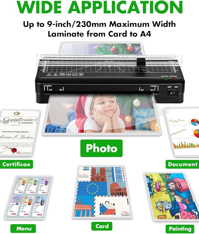 Laminator, A4 Laminator Machine, 9 inches Thermal Lamination Fast Warm-up with Build in Paper Trimmer,Portable Personal Laminating for Home/Office/School (A4 laminator +10PCS)