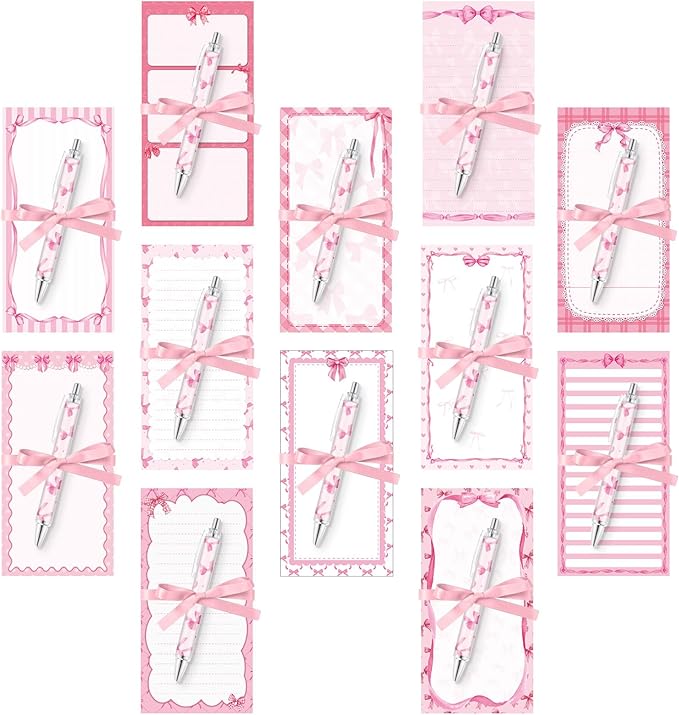 Tellingyou 30 Pcs Pink Bow Sticky Notes with Pens, Cute Memo Pads with Ribbons, 3.9x7.8 Inch to Do List Notepad Set, Bulk Pink Stationery Gifts for Women Coworker Office Supplies Bridal Shower Favors