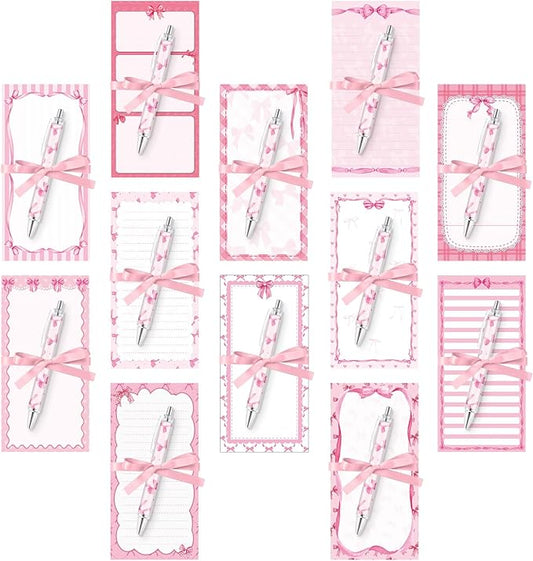 Tellingyou 30 Pcs Pink Bow Sticky Notes with Pens, Cute Memo Pads with Ribbons, 3.9x7.8 Inch to Do List Notepad Set, Bulk Pink Stationery Gifts for Women Coworker Office Supplies Bridal Shower Favors
